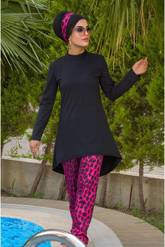 Siyah Fuşya Leopar Tesettür Mayo