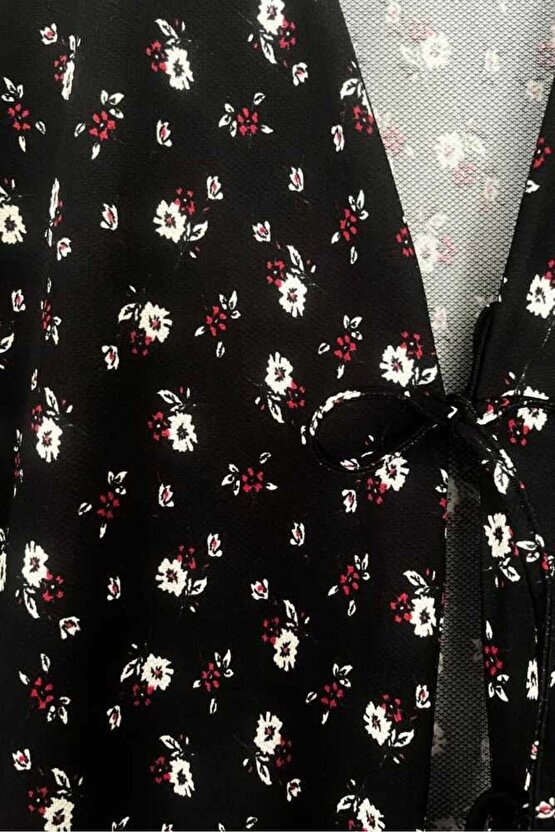 Siyah Çiçekli Önü Bağlamalı Kimono Tunik  Likralı Yazlık Kumaş