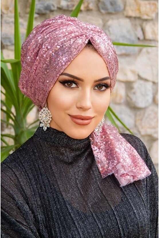 Pudra Payetli Abiye Tokalı Bone