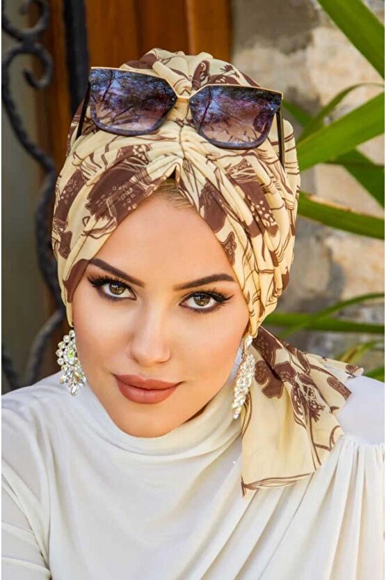 Uçuk Sarı Kahve Desen Tül Tokalı Bone