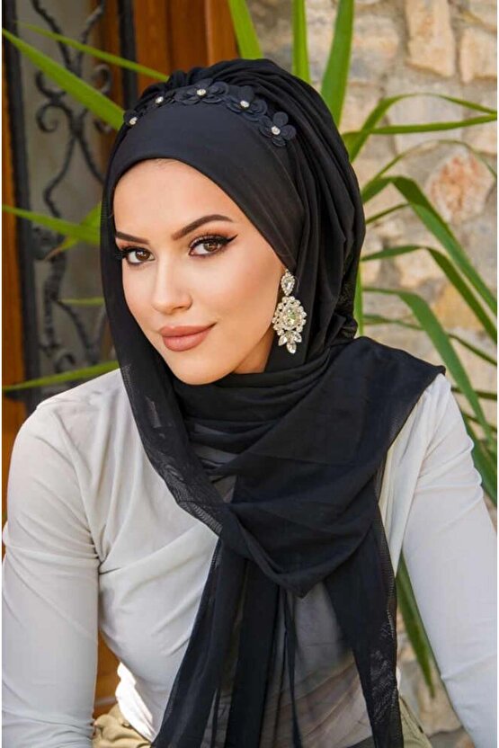 Siyah Çiçek Taşlı Hazır Abiye Şal