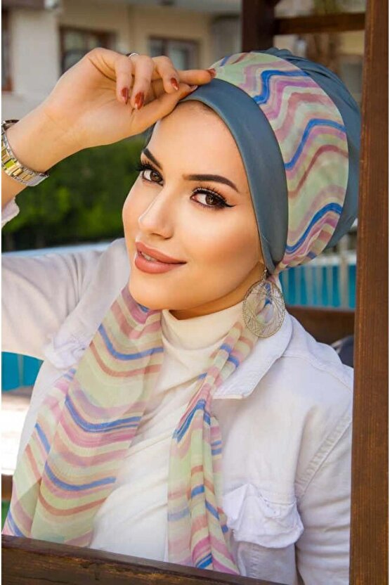 İndigo Geometrik Desen Fularlı Bone