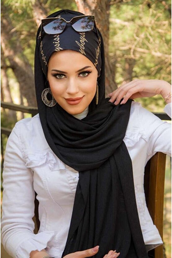 Siyah Yazı Desen Bone Hazır Şal