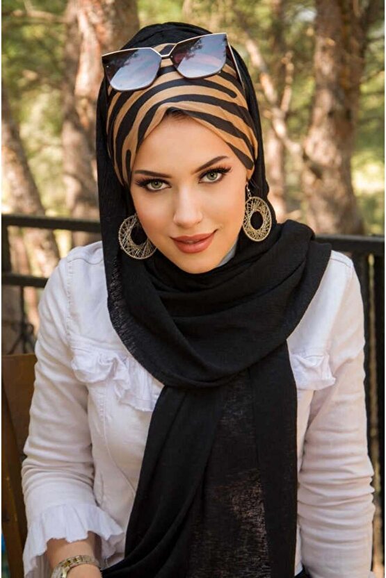 Siyah Gold Zebra Desen Bone Hazır Şal
