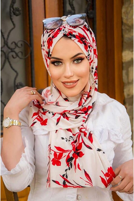 Kırmızı Beyaz Çiçek Desen Kelebek Bone Şal