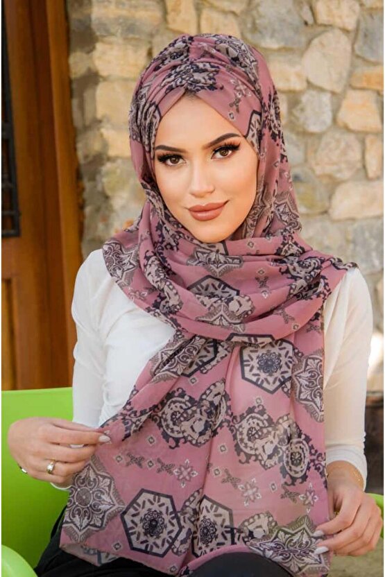 Koyu Pudra Retro Desen Hazır Şal