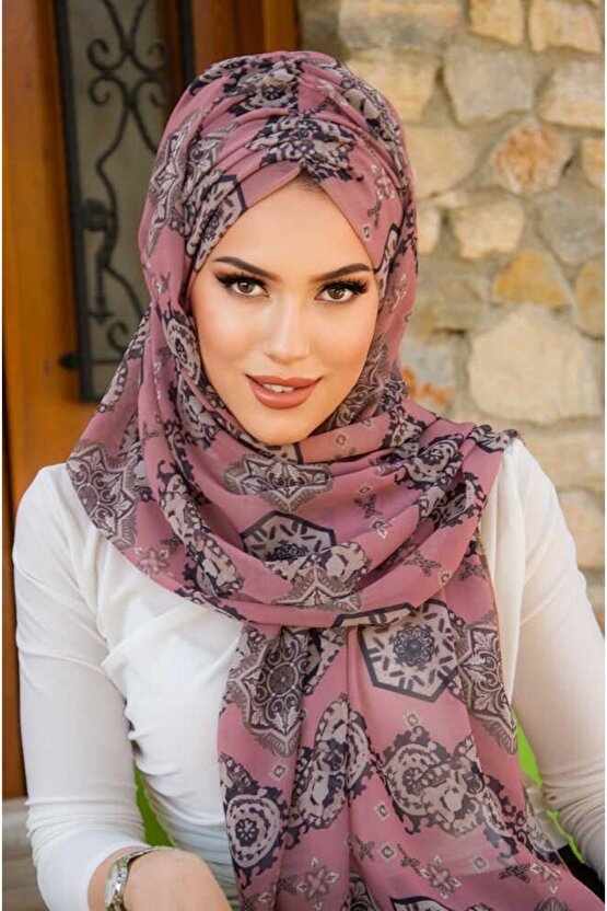 Koyu Pudra Retro Desen Hazır Şal