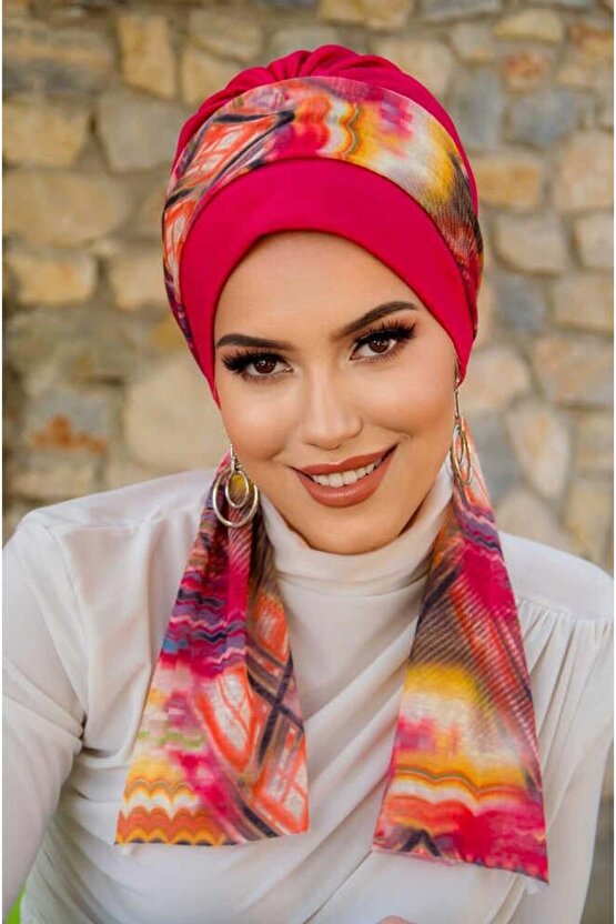 Fuşya Retro Desen Fularlı Bone