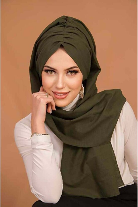 Haki Kelebek Model Büzgülü Bone Şal