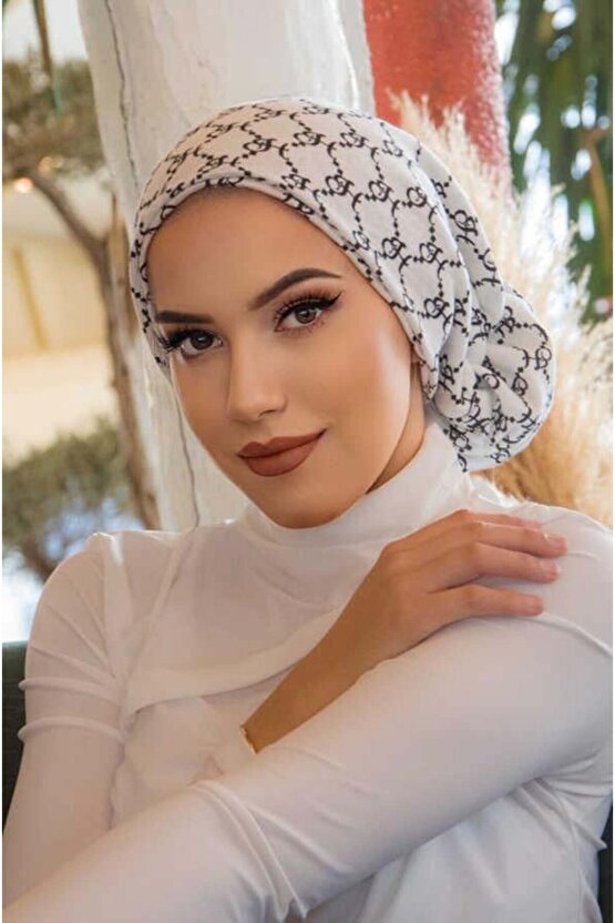 Beyaz Hat Desen Çağla Hazır Türban