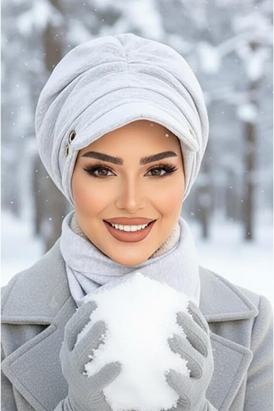 Eşofman Gri Metal Detaylı Büzgülü Tesettür Şapka Ve Etol Takım