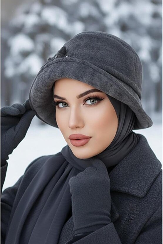 Füme Taşlı Aksesuarlı Vintage Şapka