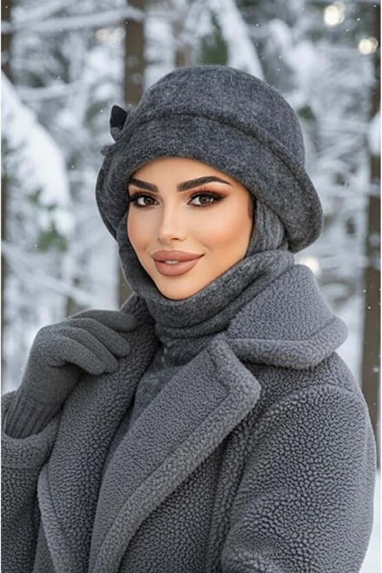 Antrasit Melanj Aksesuarlı Atkılı Vintage Şapka