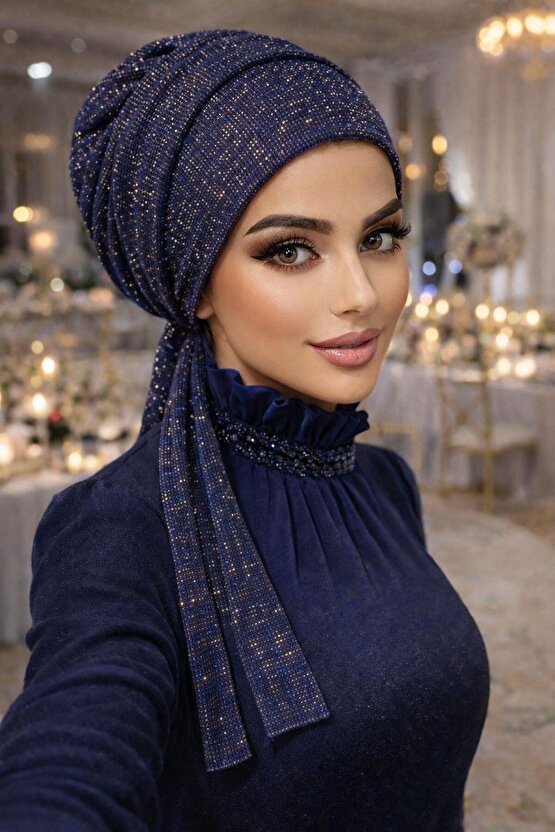 Lacivert Gold Işıltılı Atkılı Tesettür Bone