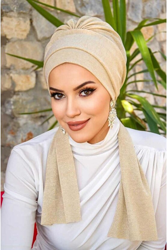 Bej Hazır Işıltılı Atkılı Bone