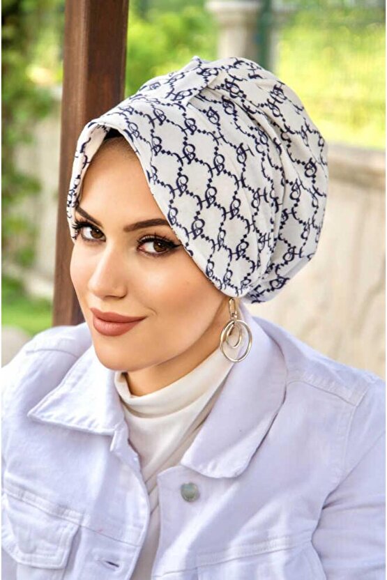 Lacivert Beyaz Hat Desenli Şapka Bone
