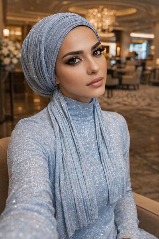 Bebe Mavi Simli Piliseli Abiye Atkılı Bone