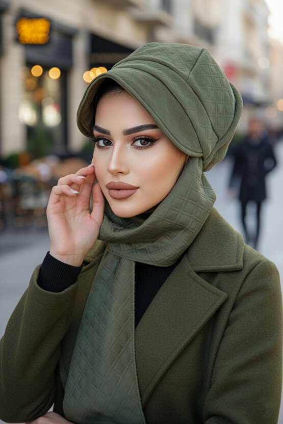 Haki Kapitone Atkılı Tesettür Şapka