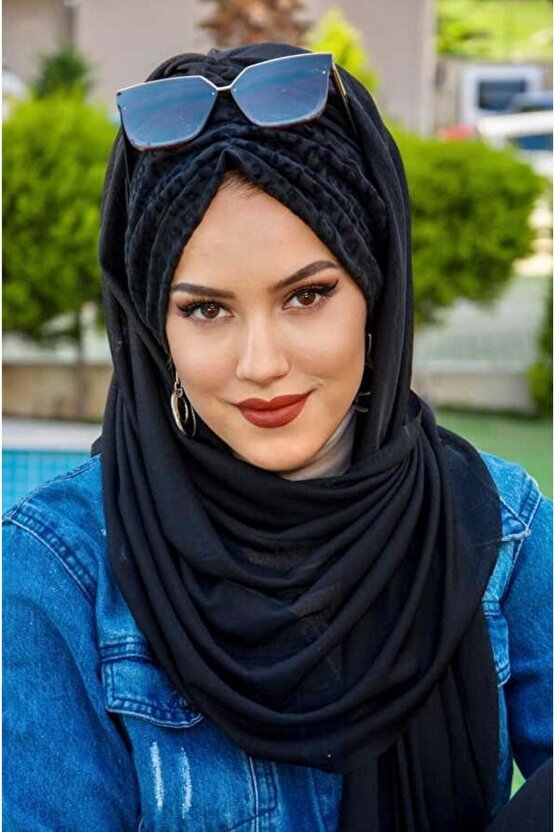 Siyah Kabartma Büzgülü Hazır Şal