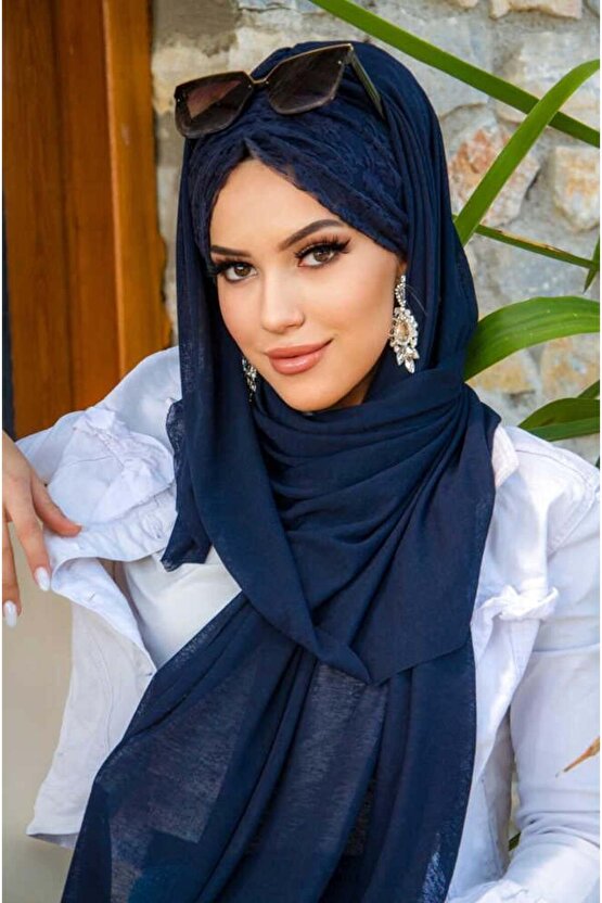 Lacivert Dantelli Büzgülü Hazır Şal