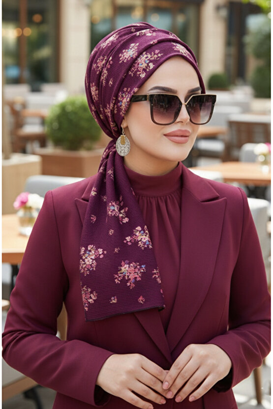 Mürdüm Buket Desenli Atkılı Bone