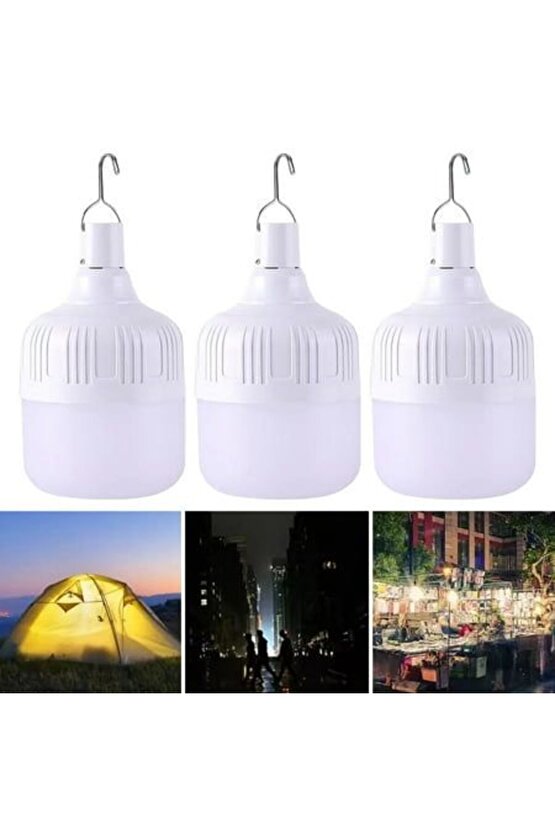 3 Adet Adet USB Şarjlı, 30 Watt, 3 Işık Modlu Beyaz Işık, Kamp, Piknik, Bekçi, Balıkçı, Çadır Ampulü
