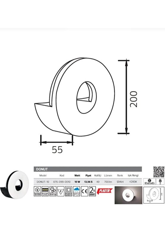 Elektrikle Çalışır, 10 Watt, 3000 Kelvin Led Aplik, İç ve Dış Mekan, Bahçe Duvar Armatürü, Led Aplik