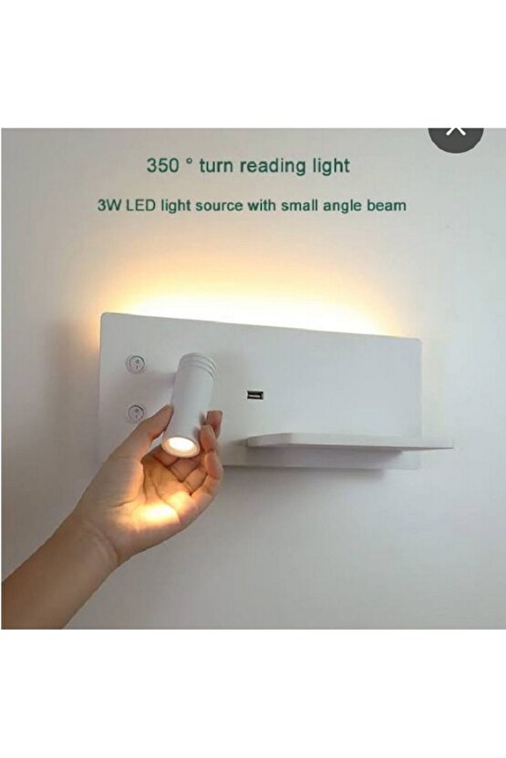 Ekim Aydınlatma Yatak Başı Led Aplik Kablosuz Şarj Okuma Lambası Beyaz Kasa Günışığı Işık Ecn-7701