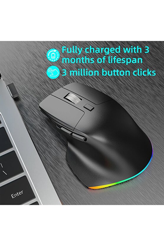 Kablosuz Mouse Bluetooth 5.04.0 + 2.4g Ergonomik Şarjlı Sessiz RGB Mouse Modern Tasarım Işıklı