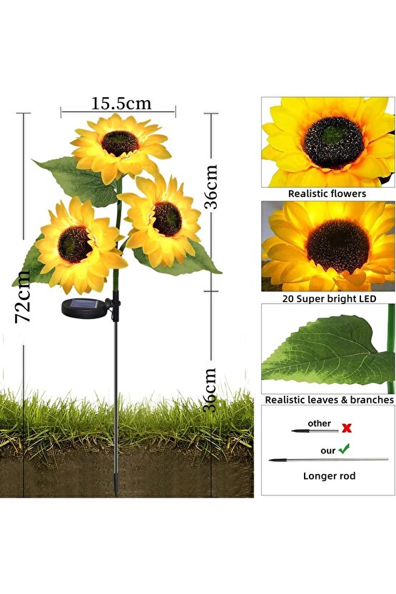 Solar Bahçe Işıkları Güneş Enerjili Ayçiçeği LED Aydınlatma 3 Yapraklı,Solar Sunflower Lights(2 Adet