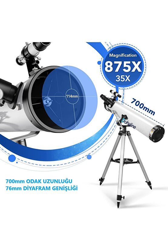 Reflektör Teleskop 76mm Diyafram 700mm Odak 35X-875X Zoom Ay & Güneş Filtresi+Telefon Tutucu+Tripod