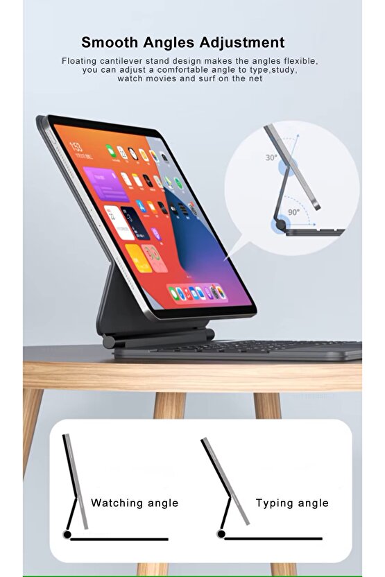 İpad Pro 11 Uyumlu Manyetik Magic Keyboard Katlanır Işıklı Klavyeli Tablet Kılıf+ Dokunmatik Kalem