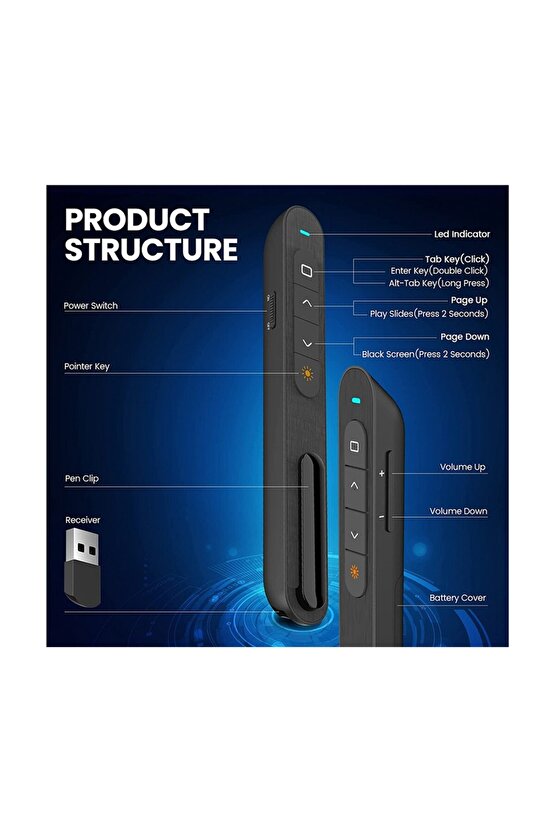 Sunum Kumandası Wireless Presenter Laser Pointer Kalem Tipi Çok Fonksiyonlu Lazer Pointer