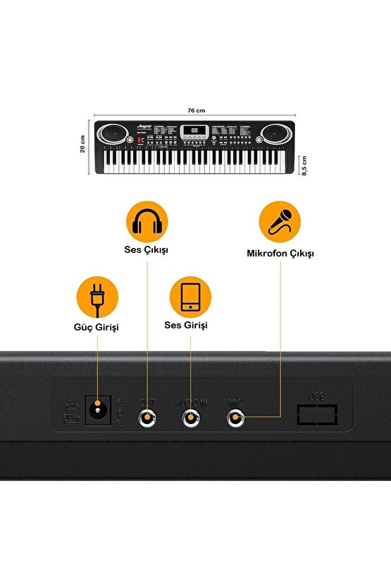 Piyano 61 Tuşlu 5 Oktav Org 100 Ses+100 Ritim Eğitim İçin Mikrofon+ Nota Standı+Taşıma Çatası HEDİYE
