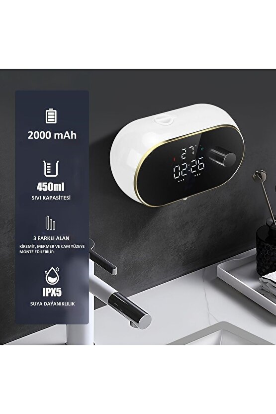 Modern Stil Duvara Monte USB Şarjlı LCD Dijital Ekran Otom. Temassız Sensörlü Köpük Sabunluk 450ml