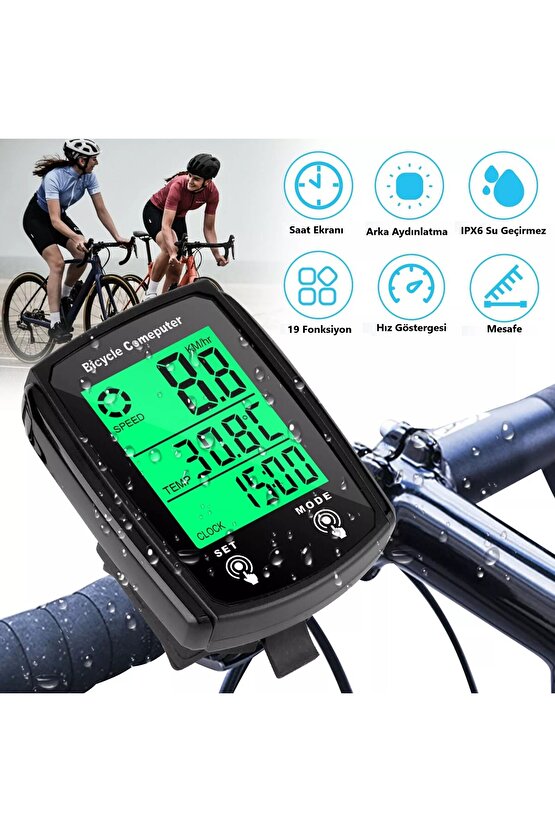 Bisiklet Hız Göstergesi Kilometre Sayacı Su Geçirmez Dijital Bisiklet Yol Bilgisayarı-19 Fonksiyonlu
