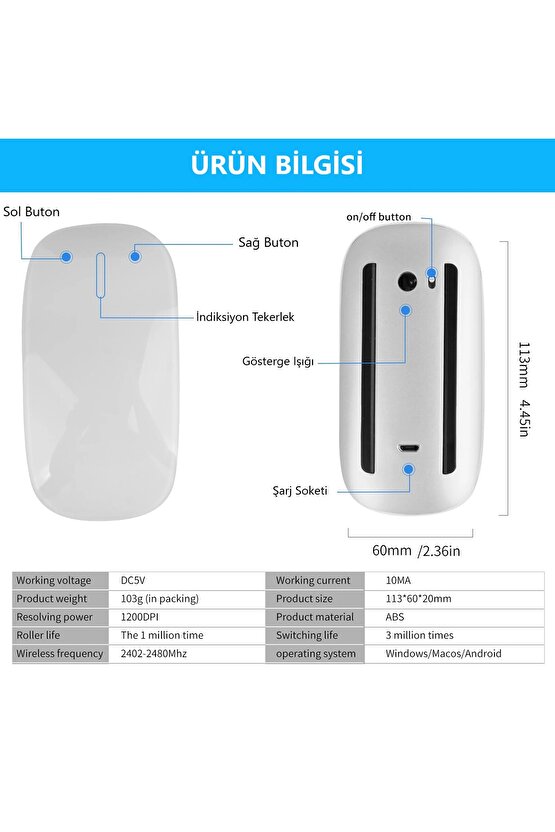 Apple Mac iPad Uyumlu Bluetooth Touch Şarjlı Magic Model Mouse Tablet Telefon Sessiz Dokunmatik Fare