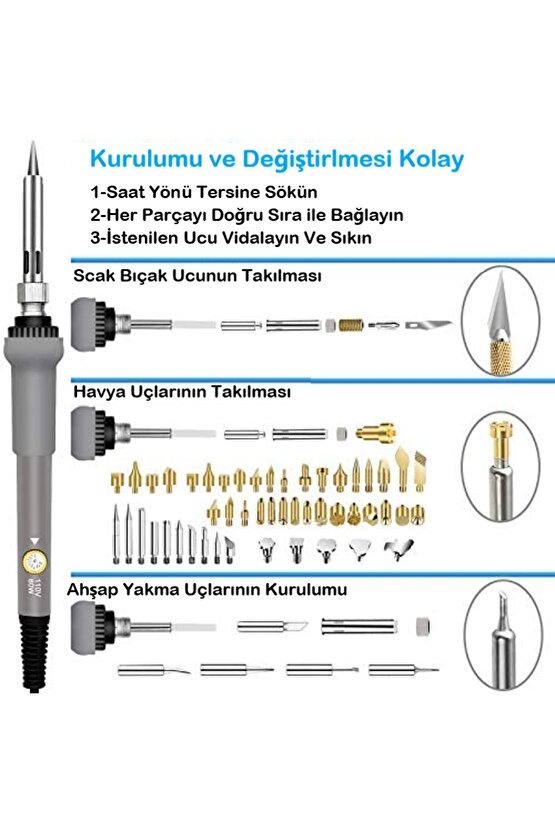 Havya seti 60W 220V Isı Ayarlı 37 Parça Ahşap Yakma Elektrikli Havya Seti Lehim Seti