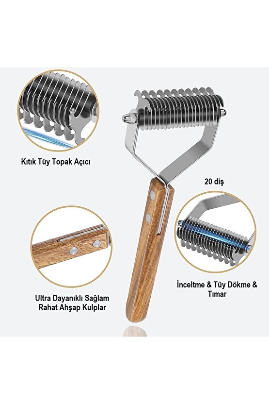 Ahşap Saplı Çift Taraflı Kedi Köpek Bakım Kıtık Tüy Topak Açıcı Metal Dişli Evcil Hayvan Tarağı