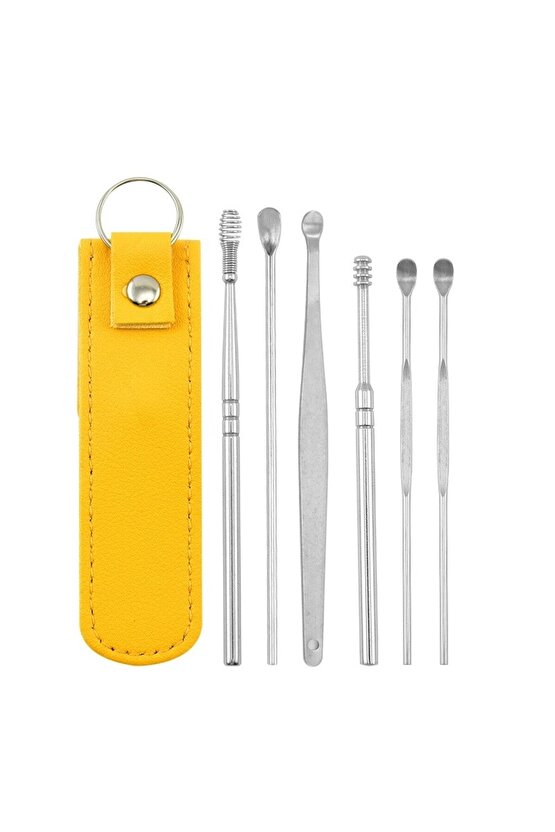 Kulak Temizleme Seti Hijyenik Bakım İçin 6 Parça ve Taşınabilir Sarı Deri Çanta