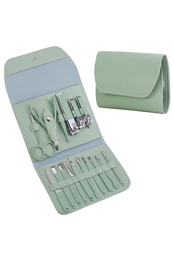 16 Parça Profesyonel Çelik Paslanmaz Deri Çantalı Manikür Pedikür Tırnak Yüz Bakım Seti- Yeşil