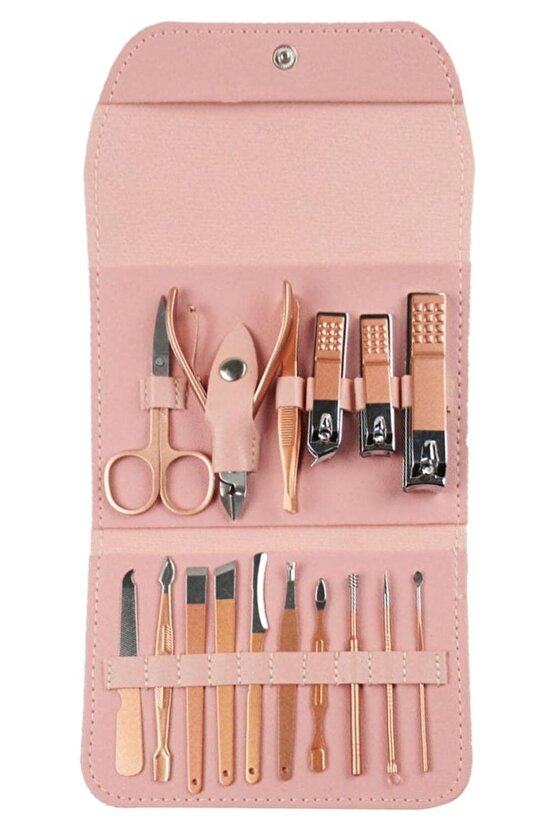 16 Parça Profesyonel Çelik Paslanmaz Deri Çantalı Manikür Pedikür Tırnak Yüz Bakım Seti -pudra Pembe