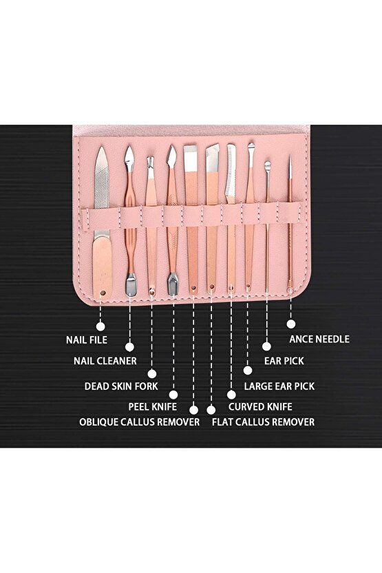 16 Parça Profesyonel Çelik Paslanmaz Deri Çantalı Manikür Pedikür Tırnak Yüz Bakım Seti -pudra Pembe
