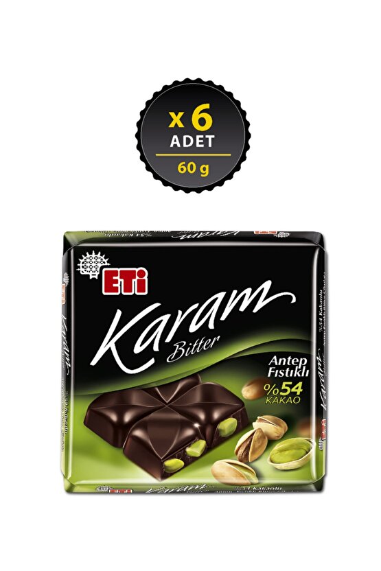 Karam %54 Kakaolu Antep Fıstıklı Bitter Çikolata 60 g x 6 Adet