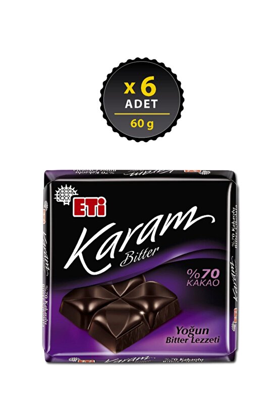 Karam %70 Kakaolu Bitter Çikolata 60 g x 6 Adet