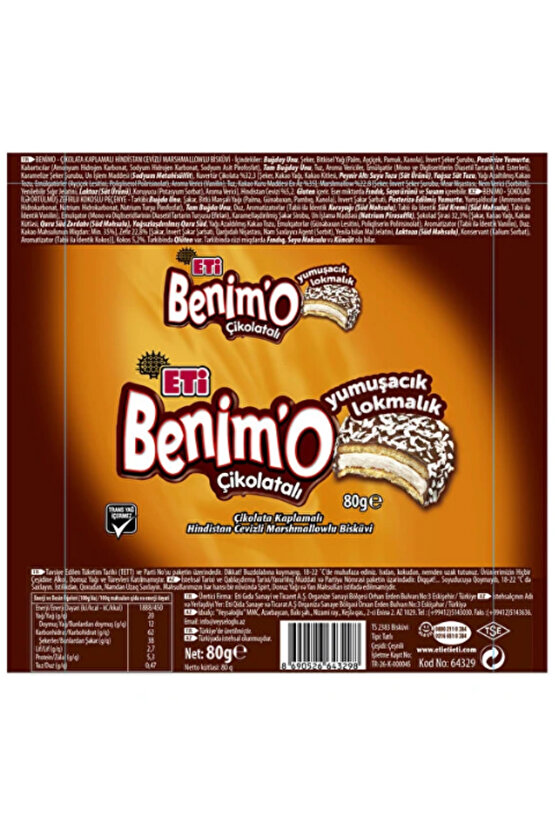 Benimo Çikolata Kaplamalı Hindistan Cevizli Marshmallowlu Bisküvi 80 GR * 18 Adet