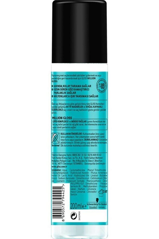Schwarzkopf Gliss Million Gloss Yoğun Parlaklik Veren Durulanmayan Sivi Saç Kremi 200 Ml