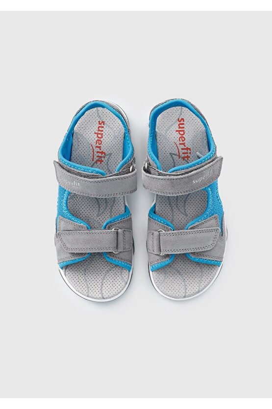 Gri-turkuaz Deri Erkek Çocuk Düz Sandalet