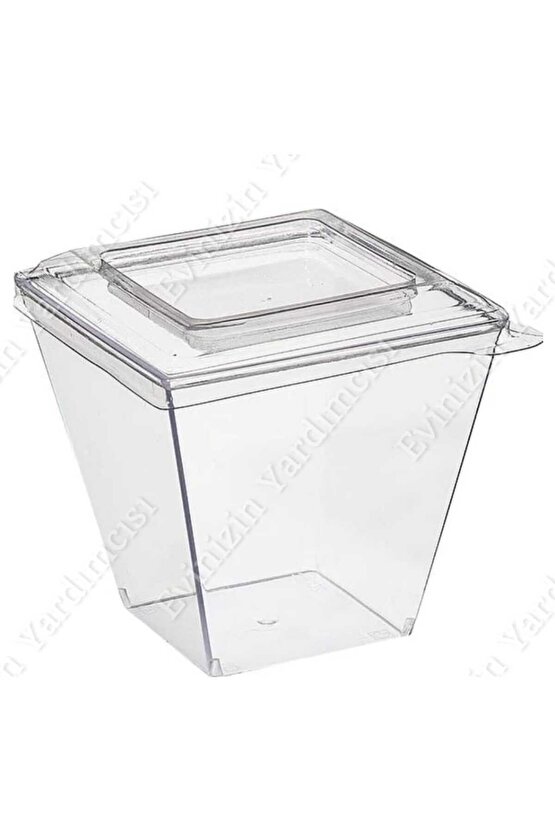 Sunumluk Magnolya & Tatlı & Cerez Plastik Kase 200 Cc Mika Kare (KUBİK) Kase 12 Kapak 12