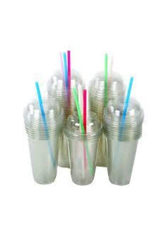 Plastik Şeffaf Bardak Kapaklı 300ml cc Milkshake Bardağı 100 Adet